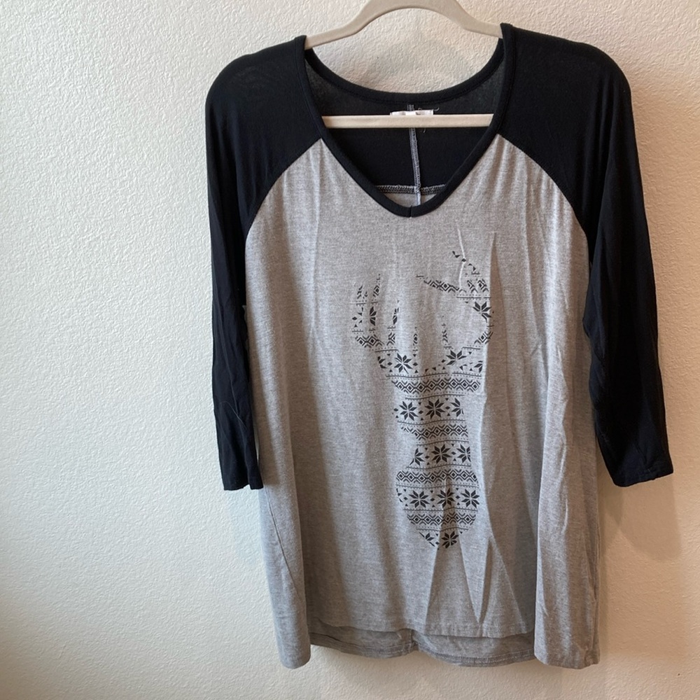 Maurices Black and Gray Raglan Long Sleeve Tee with Graphic Design